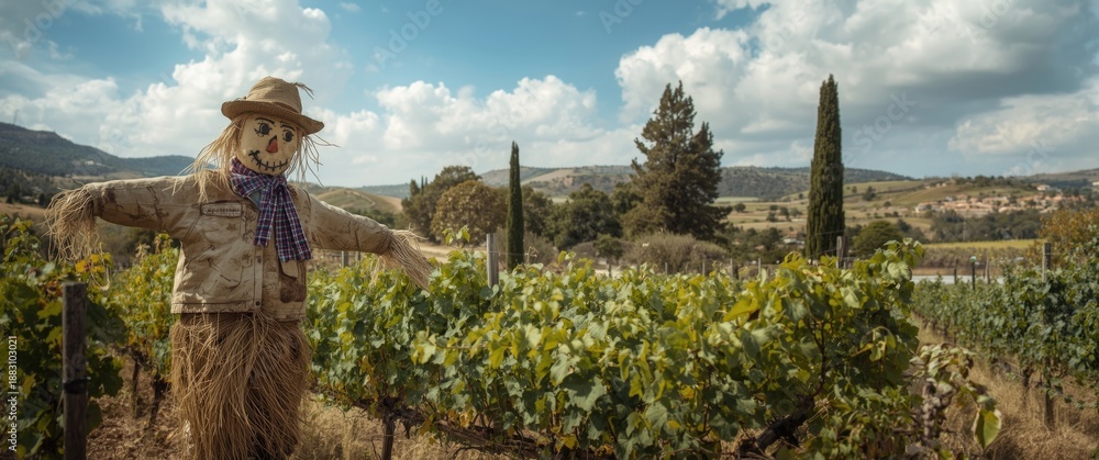 Naklejka premium Mykonos Greece Vineyard with Scarecrow
