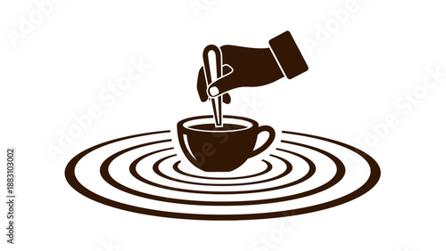 Minimalist Hand Stirring Coffee in a Cup, Creating Ripple Effect, Vector Design