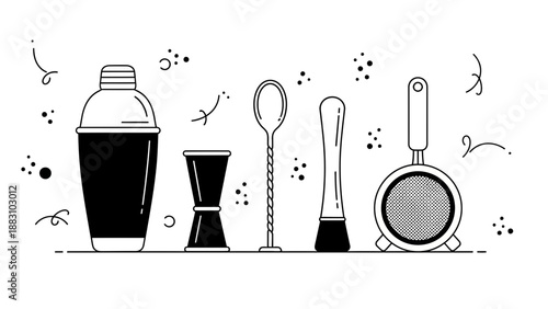 Minimalist Cocktail Equipment Line Drawing for Mixology and Bartending Illustration