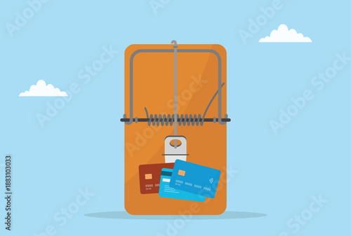 Vector illustration of credit and debit cards trapped in a mousetrap, symbolizing financial risk, payment fraud, credit card scams, debt danger, security threats, and cashless transaction safety
