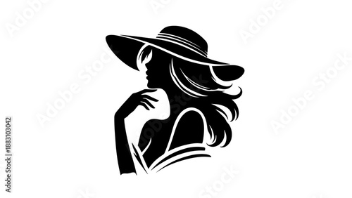 A stylish woman wearing a wide-brimmed hat in a simple black silhouette illustration