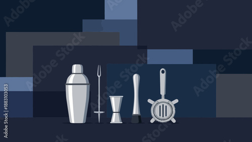 Minimalist Cocktail Tools Composition Against Geometric Background for Beverage Art