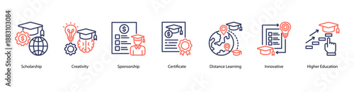 Academic Recognition web banner icon vector illustration featuring Scholarship, Creativity, Sponsorship, Certificate, Distance Learning, Innovative, and Higher Education.