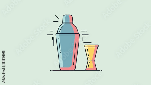 Minimalist Cocktail Shaker And Measuring Jigger Vector Illustration On Light Green Background