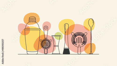 Minimalist Cocktail Tools Illustration Displayed Against Colorful, Abstract Background