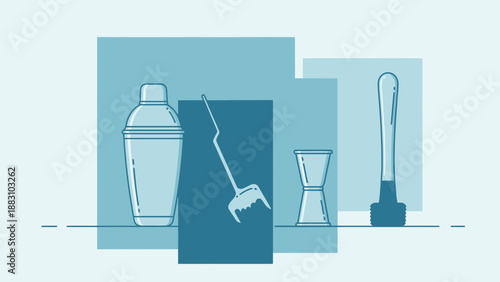 Minimalist Cocktail Tools Illustration Depicting Shaker, Muddler and Jigger Composition