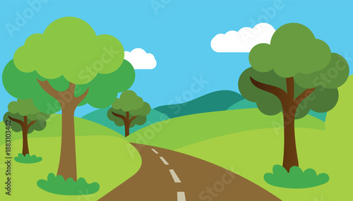 Cartoon countryside illustration with winding road green hills trees and bright blue sky