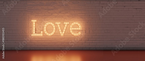 Decorative Love LED sign for Valentine's Day on white brick wall backdrop