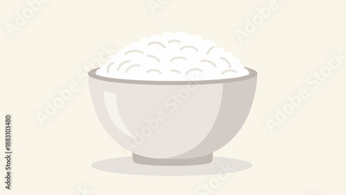 Minimalist Illustration Of A Bowl Filled With Steaming White Rice On A Cream Background