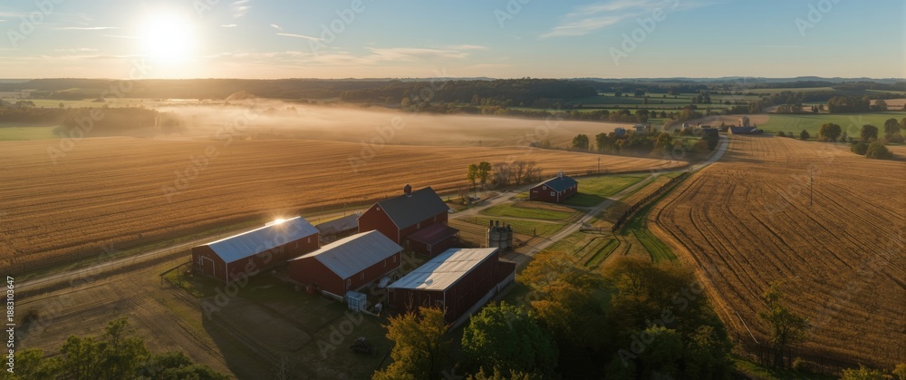 Fototapeta premium September aerial photograph featuring a farm with red structures and a cornfield in the USA countryside