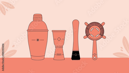 Minimalist Cocktail Tools, Illustrated Bar Equipment, Drink Mixing Set, Barware Design