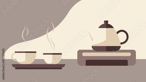 Minimalist Coffee Break Illustration Showing Cups, Tray, and A Stylish Teapot