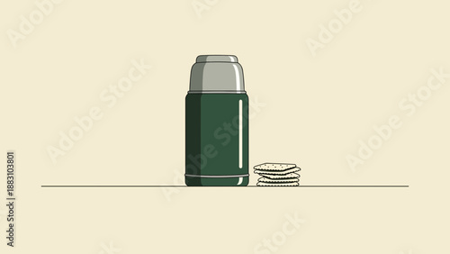 Minimalist Illustration Of A Green Thermos And Snacks On A Beige Background