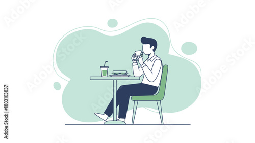 Minimalist Illustration of a Person Eating, Drinking, and Enjoying Lunch or a Meal