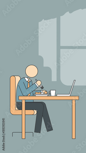 Minimalist Illustration Of A Person Enjoying Lunch At Their Workspace Next To A Laptop