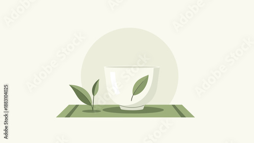 Minimalist Design Depicting a Serene Tea Ceremony with Organic Green Elements