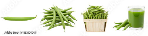 Green beans and green bean juice in various forms on transparent background