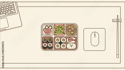 Minimalist Desktop Lunch Scene With Bento Box Sushi, Laptop, And Mouse Illustration