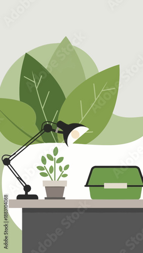 Minimalist Desktop Scene Featuring a Plant, Lamp, and a Green Container Against Green Leaves