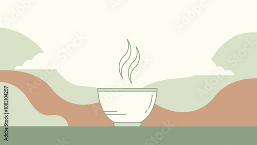 Minimalist Illustration Of A Steaming Bowl Set Against Natural Earthy Tones