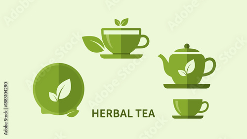 Minimalist Green Herbal Tea Composition Depicting Cups, Teapot, And Leafy Elements