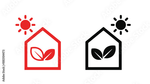 A graphic illustration of eco-friendly house icons with solar energy and leaves