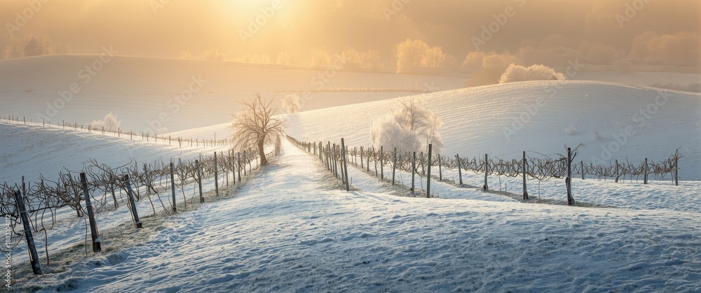 Naklejka premium December winter scene featuring golden sunrise, snow-covered leafless vineyards, leafless trees, calm and frosty morning in South Moravia, Czech Republic