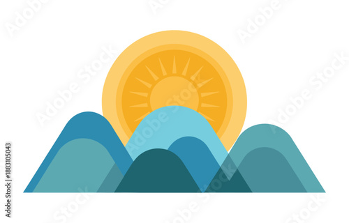 A vibrant illustration of a sunny mountain landscape with blue hills and a yellow sun
