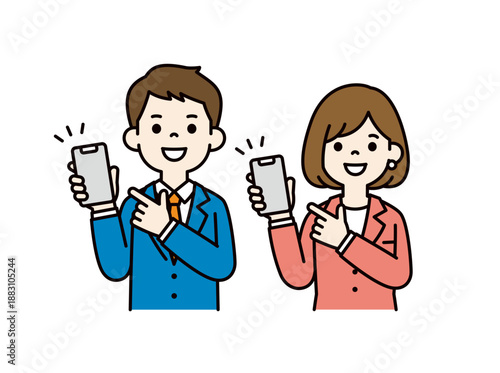 スマホ画面を指さして教える・紹介する、若い男女のビジネスパーソンのベクターイラスト素材セット