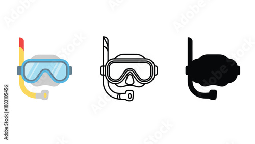 Three different snorkeling masks on a white background for scuba diving and swimming