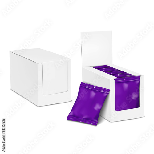 White blank paperboard retail display box with header tab. Closed and open, filled with pillow bag packages. Realistic mockup. Cardboard multipack packaging. Vector mock-up. Template for design