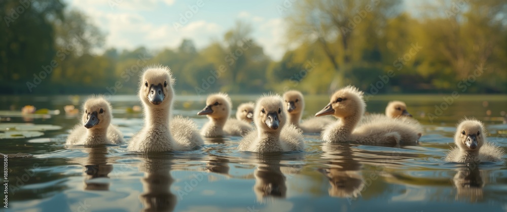 Fototapeta premium Lake scene with baby swans and ducklings swimming