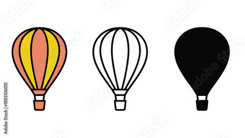 Three hot air balloons in different colors and designs on a white background