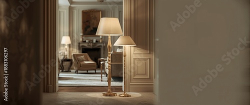 Fashionable artwork showcasing golden and white standard lamps in a realistic style