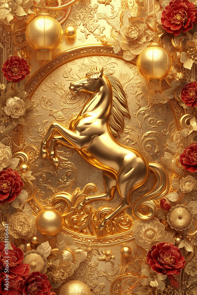 Fototapeta premium High-Gloss Gold Horse with Peonies Traditional Asian Design