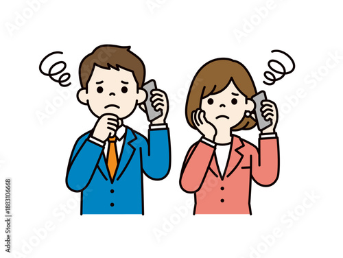 困った表情でスマホで話す・通話する、若い男女のビジネスパーソンのベクターイラスト素材セット