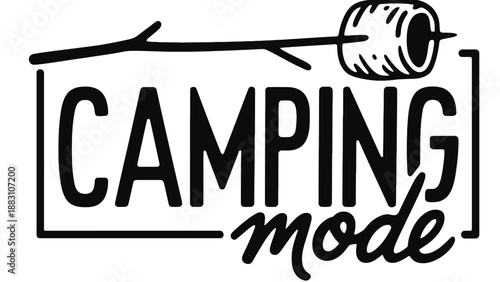 A black and white illustration of a camping logo with a marshmallow on a stick