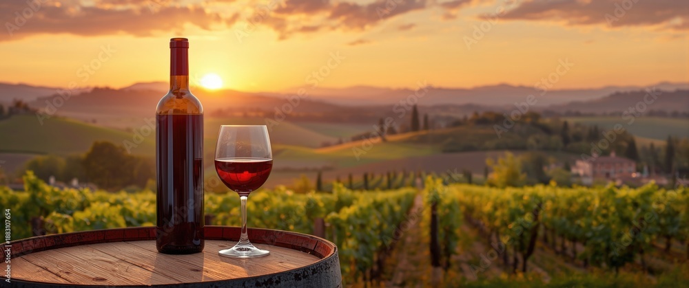 Obraz premium Wine bottle and glass placed on a wooden barrel against a picturesque Tuscany scenery
