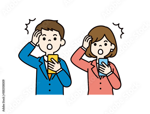スマホ画面を見て驚く・ビックリする、若い男女のビジネスパーソンのベクターイラスト素材セット