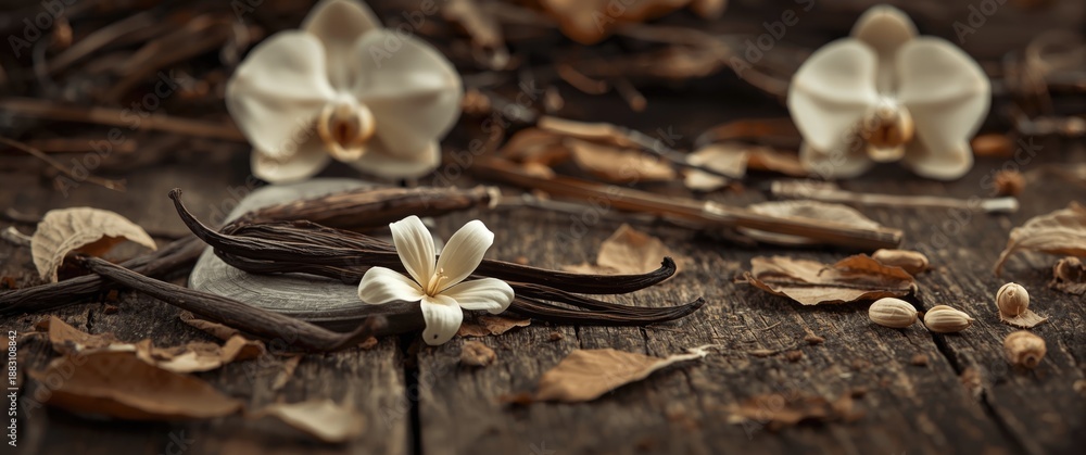 Fototapeta premium Dried vanilla pods with flower on wooden background