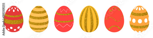 Easter eggs with golden glitter texture and decorative patterns. Bright festive holiday elements for spring design, greeting cards, posters, packaging, banners, and seasonal backgrounds.