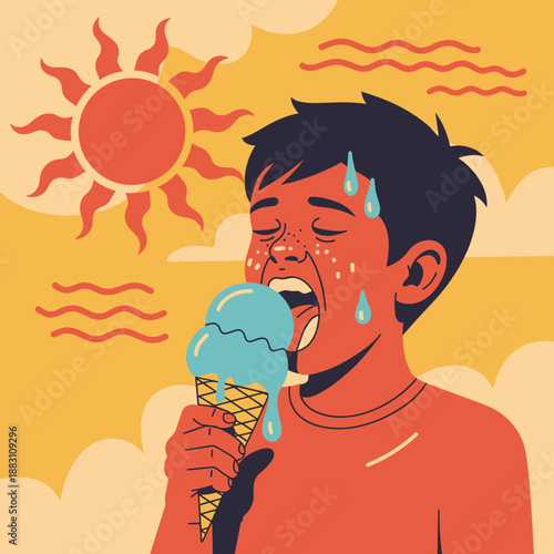 Young boy enjoying ice cream under the sun with sweat on forehead  