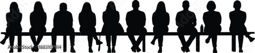 People sitting on bench silhouette collection, group of men and women waiting together vector illustration, social interaction, public seating, community gathering concept