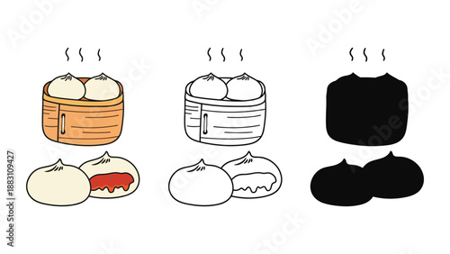 A set of steamed buns in different colors and illustrations on a white background