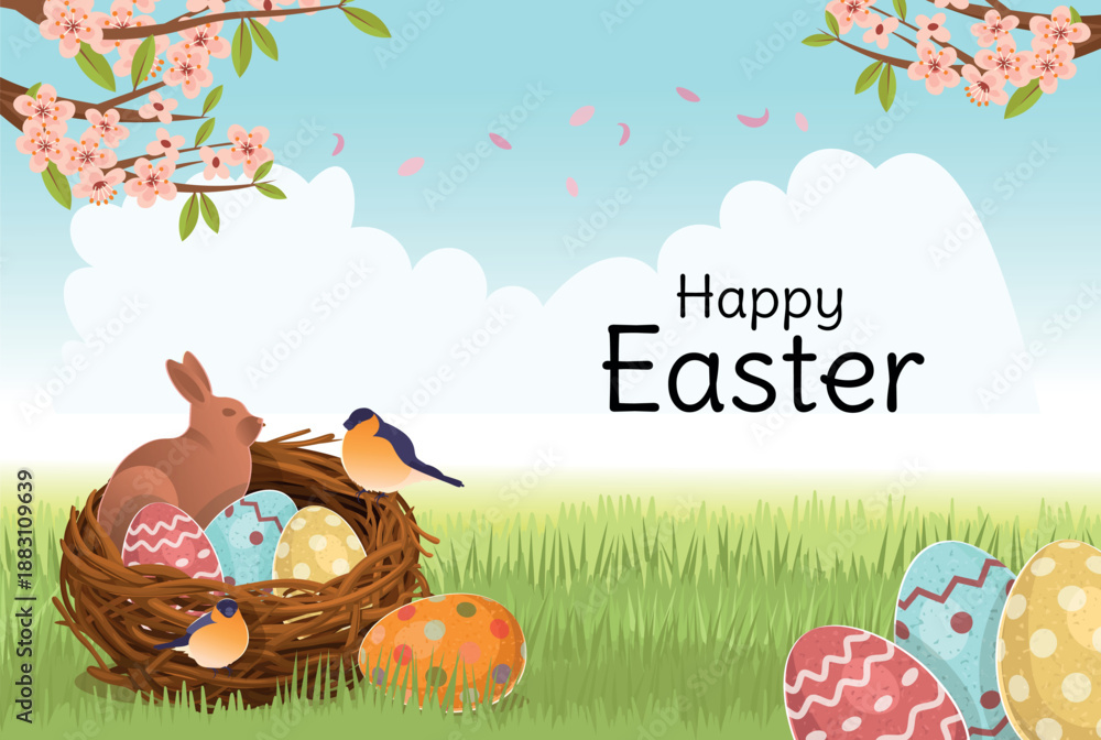 Fototapeta premium An egg hunt in the yard. A beautiful garden with a composition with a nest of Easter eggs and a chocolate bunny. Easter eggs. An Easter card. A postcard with space for text.