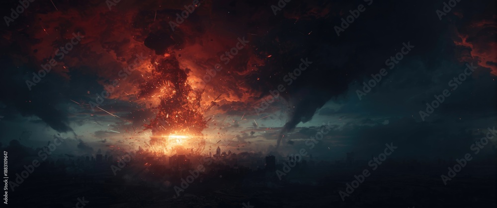 Obraz premium Dramatic end-of-world backdrop - judgment day, asteroid impact, dark red clouds, stormy sky, hell tornado