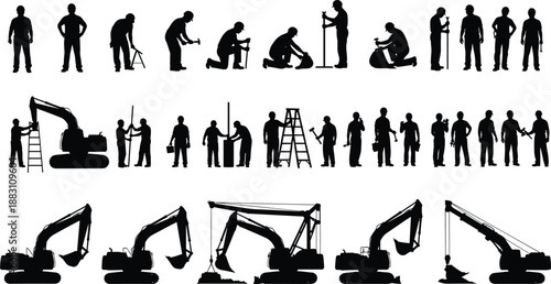 Construction workers and heavy machinery silhouettes collection, industrial labor activities vector illustration set, building, repair, engineering, excavation equipment and workforce concepts