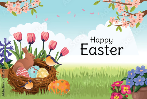 An egg hunt in the yard. A beautiful garden with lots and a composition with a nest of Easter eggs and a chocolate bunny. Easter eggs. An Easter card. A postcard with space for text.