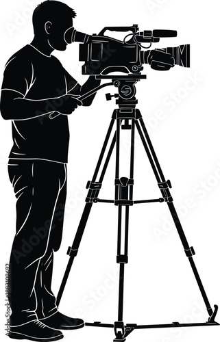 Professional cameraman operating video camera on tripod, silhouette vector illustration, filmmaking and broadcasting concept, media production equipment, studio and outdoor shooting scene