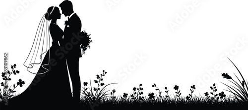 Romantic wedding couple silhouette, bride and groom embracing in nature scene vector illustration, love and marriage concept, elegant black and white artwork
